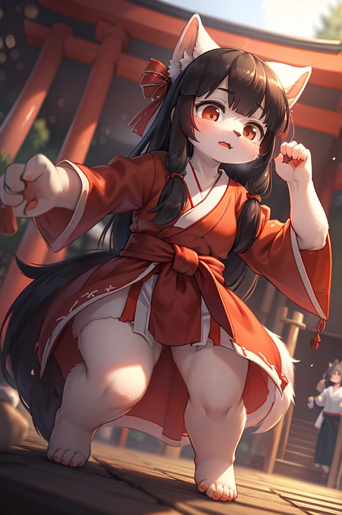 Bokeh , (blur:1.5) , dynamic angle , 1 hairy inari girl  , Short stature , realistic hairy fur , Straight black Long Hair , Round face, swollen cheeks,round eyes , neat hair ties , Japanese Shrine Maiden Clothing , dynamic Exorcism dance action , in the Inari Shrine , A shrine for inviting gods and tools necessary for exorcism , Sprinkle salt