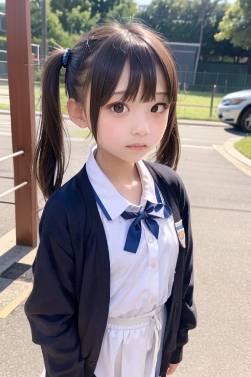 Japanese,7 years old,Innocent face,Teenage Girl,cute,Primary school students,private elementary school,Are standing,Entrance ceremony,In front of the school gate,from the front,Twin tails,short hair,Hair Clip,,full body、Nipples