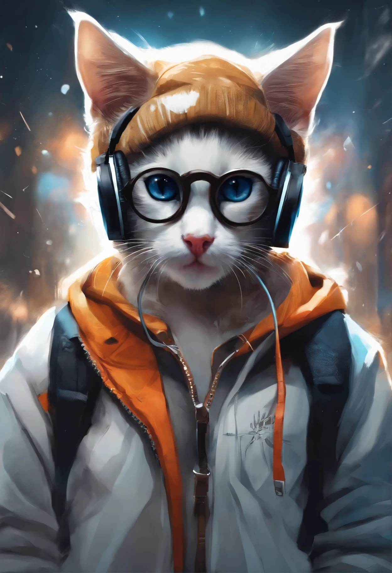 Perfect centering, A cute kitten all over, Wear a student jacket, Wearing sunglasses, Wearing headphones, Standing position, Abstract beauty, Centered, Looking at the camera, Facing the camera, nearing perfection, Dynamic, Moonlight, Highly detailed, Digital painting, art stations, concept-art, smooth, Sharp focus, 8K, high definition resolution, illustration, Art by Carne Griffiths and Wadim Kashin, White background