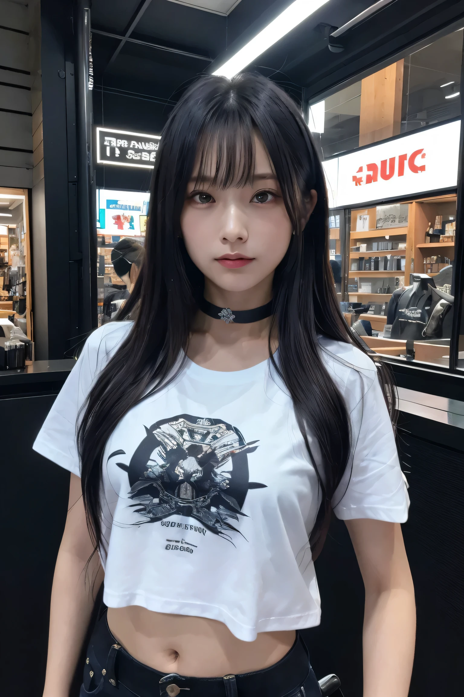 (Better Quality, masterpiece:1.2) | Fine grain:1.2 1 Female ,sorindo (Dynamic English, throw, face, Long Hair,gun shop) choker, shirt, Open sweatshirt, finely, masterpiece, Cyberpunk style clothing