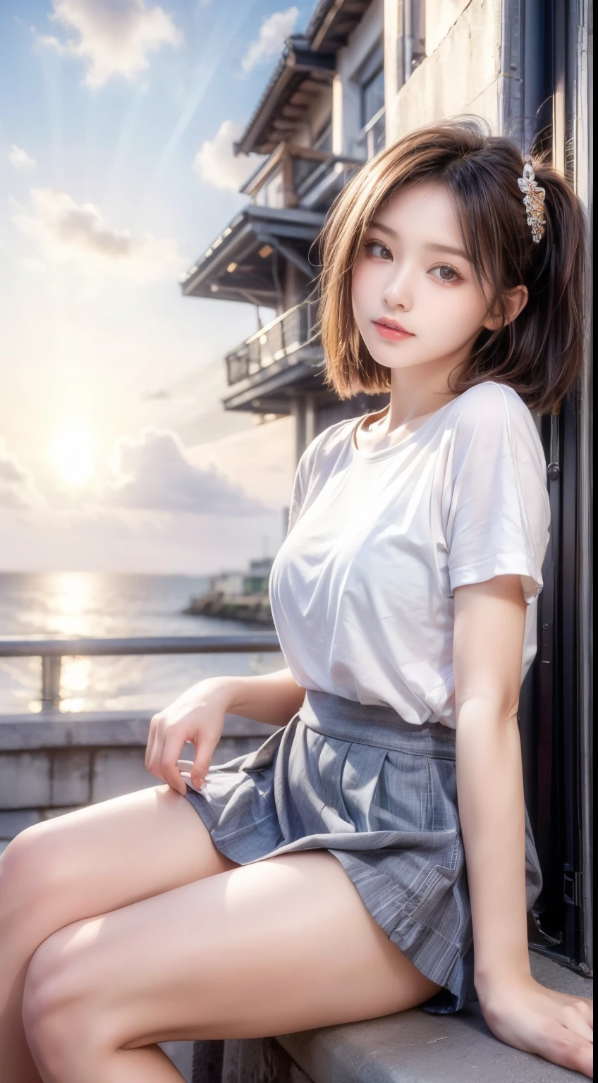 (highest quality, High resolution, masterpiece :1.3), (Shooting from below), Beautiful girl, Orange sunset sky, Sun and clouds with ocean in the background, Cute girl in . Short Bob. Short pleated skirt, Blushing, looking at the camera, Dynamic photography,Intelligent face,Bold Pose.Sitting on the embankment
