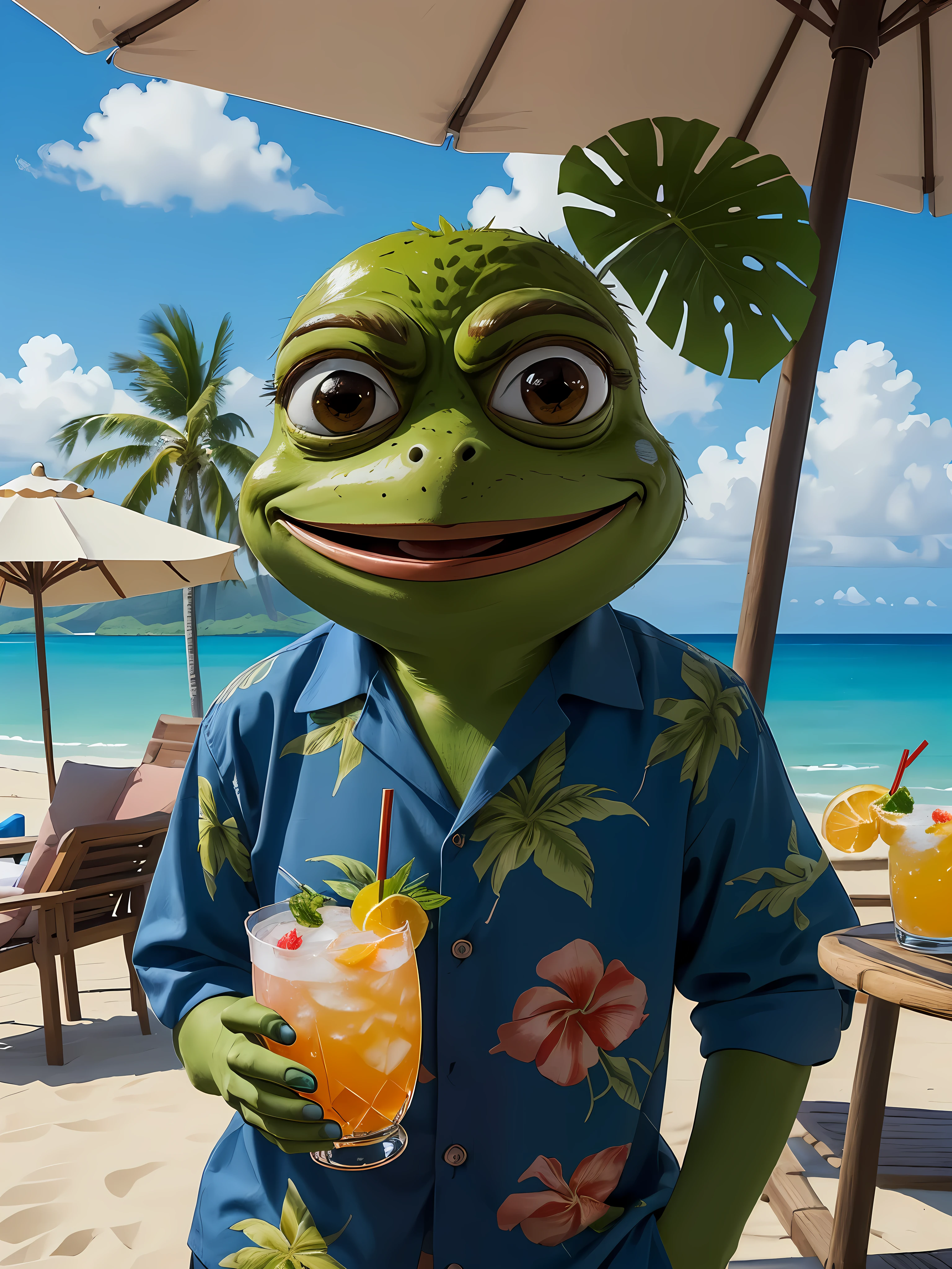 (masterpiece in maximum 16K resolution, ultra detailed, superb quality:1.3), pepe the frog, solo, frog, (cute cartoon style:1.2), (smiling), pepe_frog, close-up, (holding a cocktail:1.3), tropical beach, (Hawaiian shirt), sunny, gentle waves.
