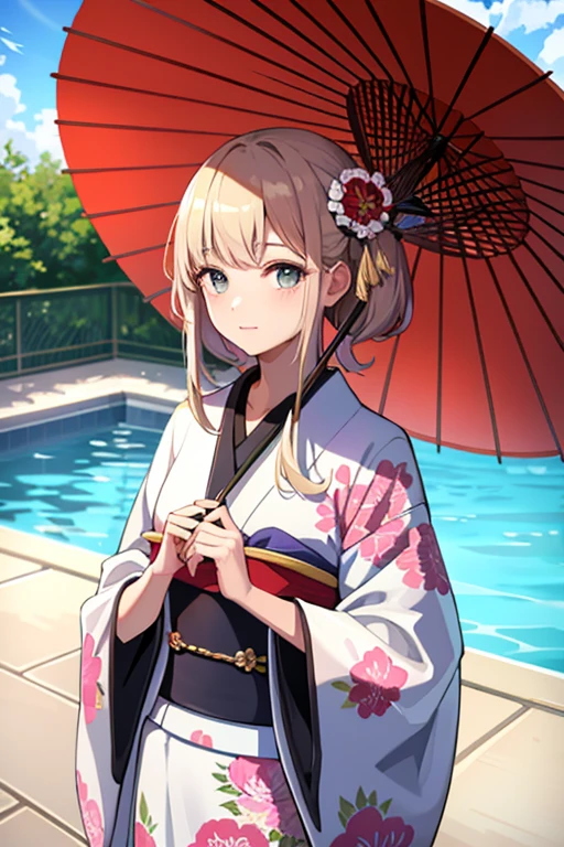 ((highest quality)), ((masterpiece)), (detailed), Perfect Face, Pool, willow, Kimono Japanese Umbrella,