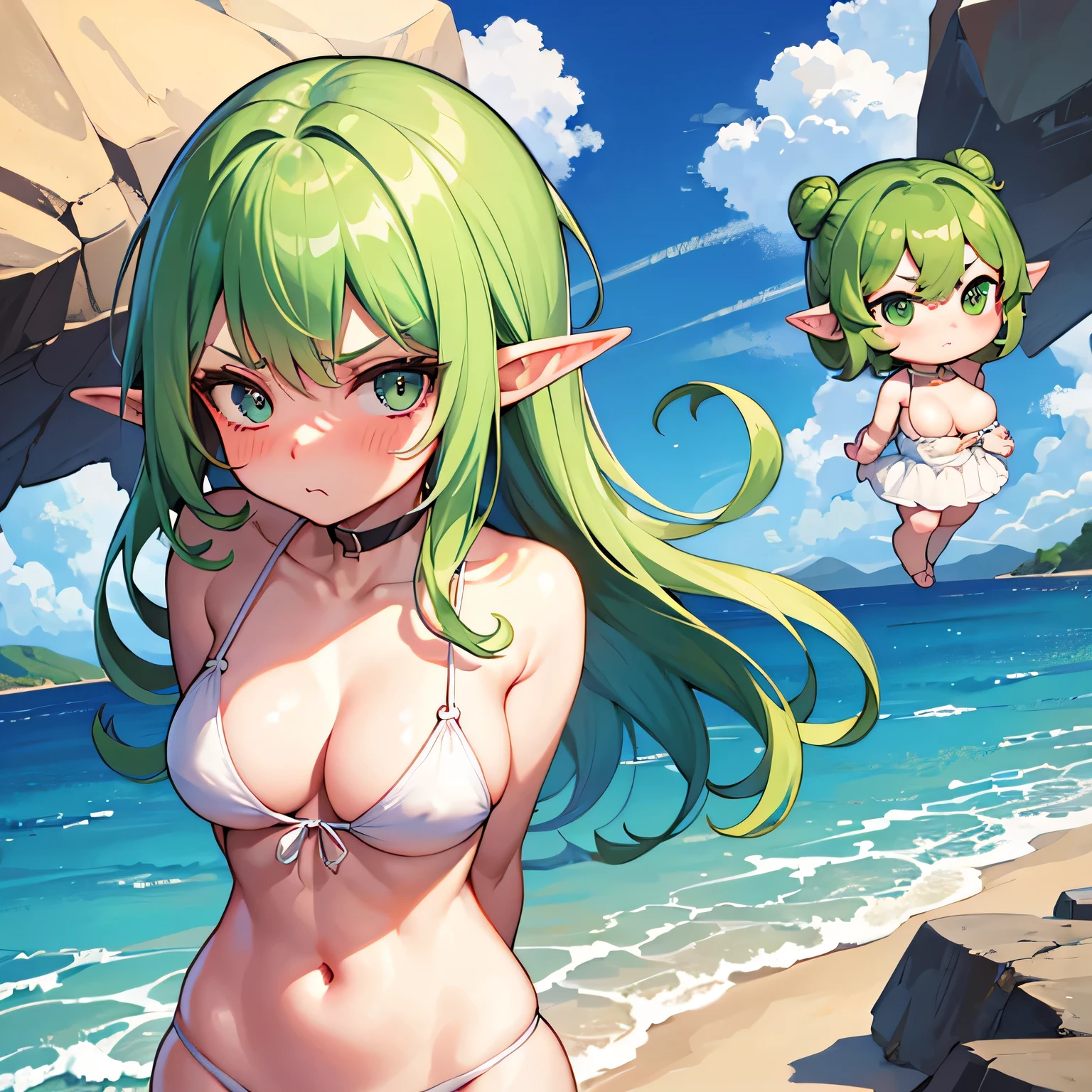 best quality, (masterpiece), Solitary, 1 Girl, us_Erindale,Green Eyes, Green Hair, 1 Girl,((cute chibi)),((Upper Body)),anatomically correct,standing on the beach,Standard body shape,(Big breasts),wearing swimsuit,Solitary, Pointed ears, Elf,angry expression,bad expression,Pout,shy,blush,Stare at this person,Lean forward,looking into camera,