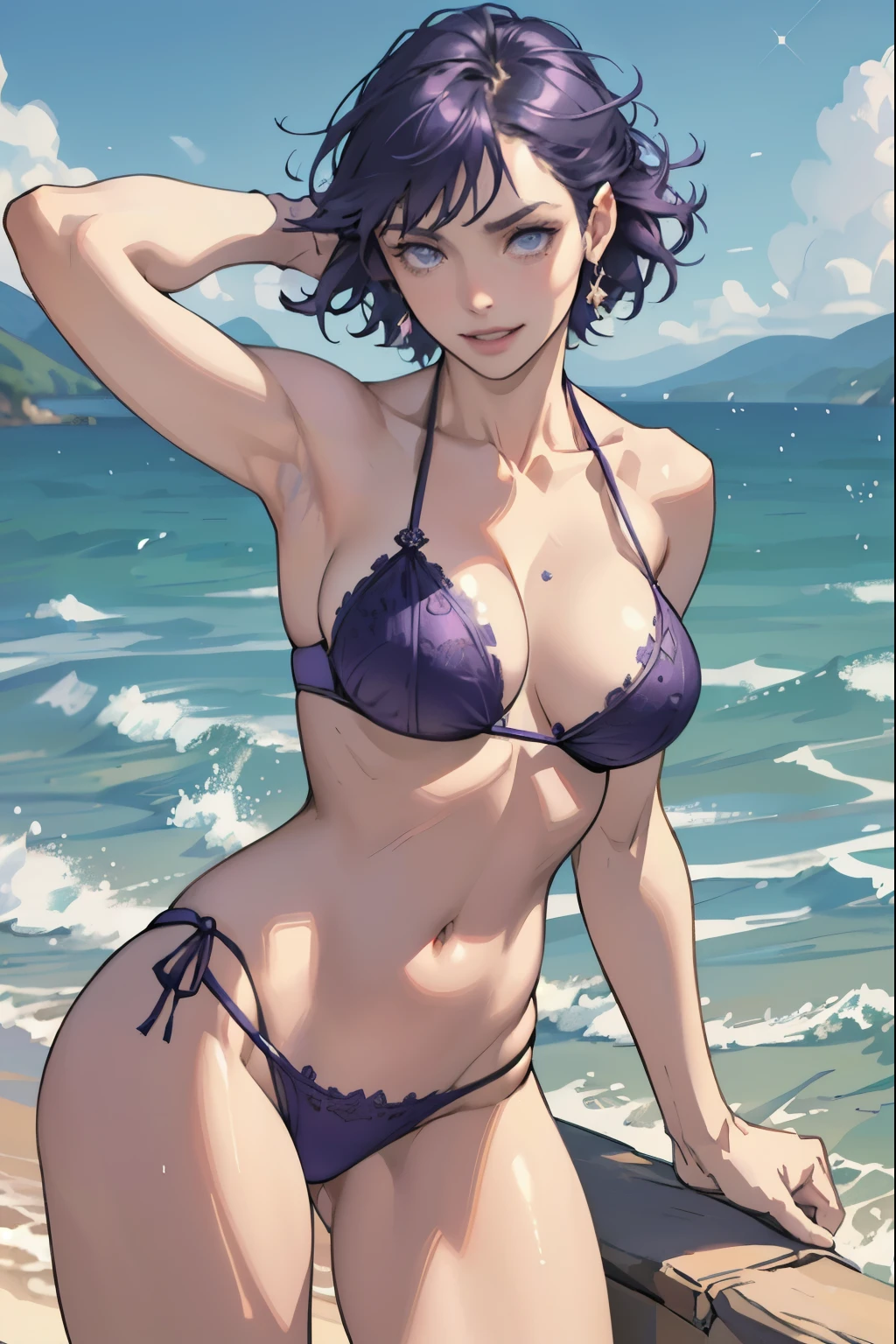 The sea sparkling in the morning sun , (Colorful and sexy purple bikini girl: 1.2), Dark blue eyes, 1 girl, 20-year-old,Grin,Big ample breasts,Slender,,(Realistic), (Intricate details: 1.2), (Tabletop: 1.3), (highest quality: 1.4), (超A high resolution: 1.2), 超A high resolution, (Fine grain), (Detailed face), 8K resolution, Beautiful legs,Beautiful Hands,Look at the viewers,Dynamic Pose,Low angle,looked back