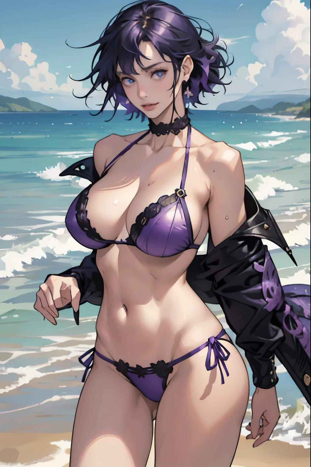 The sea sparkling in the morning sun , (Colorful and sexy purple bikini girl: 1.2), Dark blue eyes, 1 girl, 20-year-old,Grin,Big ample breasts,Slender,,(Realistic), (Intricate details: 1.2), (Tabletop: 1.3), (highest quality: 1.4), (超A high resolution: 1.2), 超A high resolution, (Fine grain), (Detailed face), 8K resolution, Beautiful legs,Beautiful Hands,Look at the viewers,Dynamic Pose,Low angle,looked back