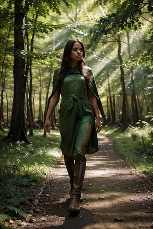 goblin girl in a sexy hunter outfit,oak tree,moss-covered tree trunks,golden sunlight piercing through the canopy,misty atmosphere,serene setting,tall grass swaying gently in the breeze,sunlit forest floor,breathtaking view,peaceful and tranquil,scenic landscape,subtle shades of green and brown,ethereal lighting,huntress amidst the wilderness,adorned in a forest green cloak,wildflowers blooming in her footsteps,hidden creatures observing silently,air filled with the aroma of pine and earth,leaves rustling with every step she takes,soft sounds of nature embracing her presence,her footsteps leaving imprints on the forest floor,majestic deer grazing in the distance,whispers of ancient wisdom in the wind,calmness and harmony blending into the scene,unforgettable masterpiece of nature and adventure.