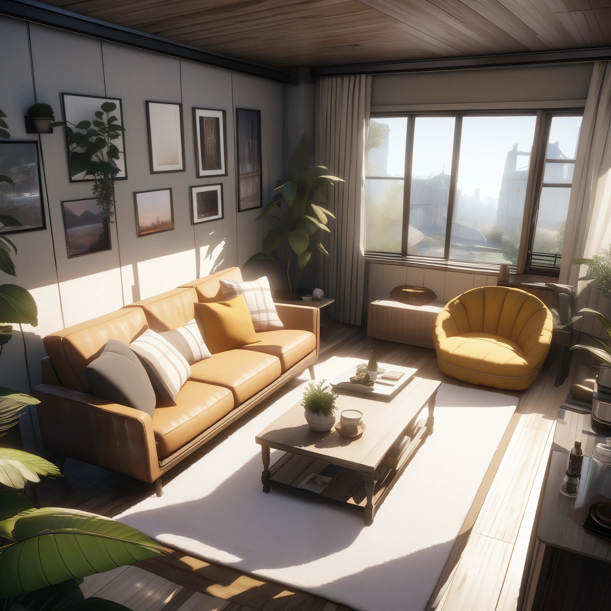 32k, best quality, ultra high res, HDR, UHD, extremely detailed CG, unity 32k wallpaper, Very detailed dollhouse, cozy bedroom, Cute 3D rendering, Fascinating light and shadow, White and yellow cushion, architecture, furniture, indoor, building, living room, room, rug, plant, Home Decor, sofa, Chair, interior design,