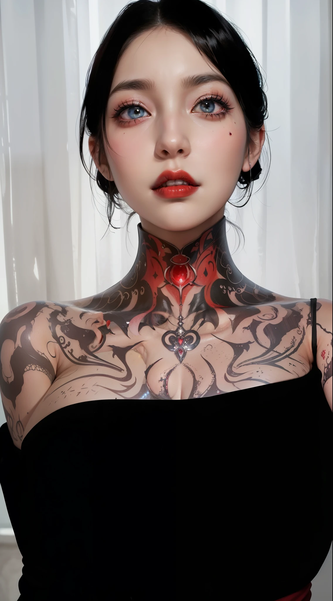 Detailed image quality,Witch Pandora,wing, Succubus Theme,堕落Angel,Excellent,scary,Secret Terror,Tentacles,With eyes,Uncanny Valley Effect,Beast Blood Moon,skeleton,vampire,Hellfire,Dark Queen,Angel,magician magic witch,Angel,Eyes are blue(Pupils as deep as the starry sky),Gorgeous tattoo designs all over the body,Surreal photos(8K picture quality,Rich in details),Dark eyeshadow,Sexy thick lips(Red lipstick),Tattoo designs on body,Dark Queen,Light Armor,Templars