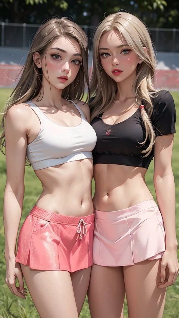   Two Beautiful girls , slim fit  body ,   straight blonde hair,  ,  red rogue lips, blushed cheeks,underboob  crop top,  mini skirt , detailed body , realistic skin texture,  grey eyes, hugging , 