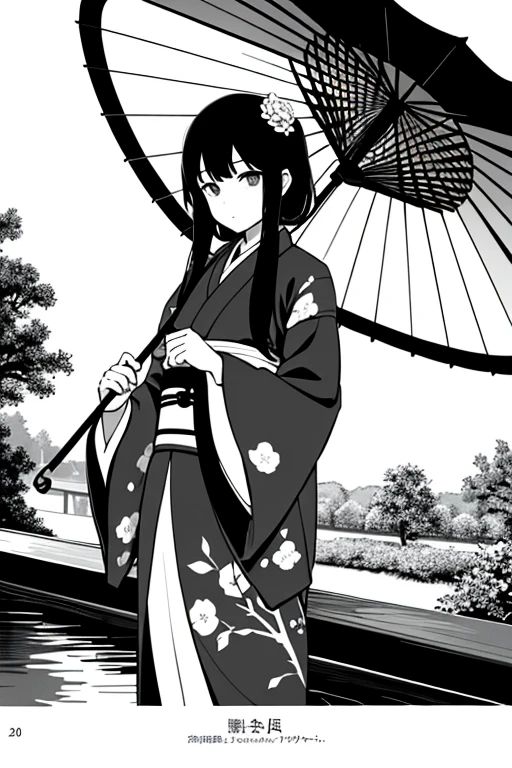 ((highest quality)), ((masterpiece)), (detailed), Perfect Face, Pool, willow, Kimono Japanese Umbrella, Sadness, Monochrome