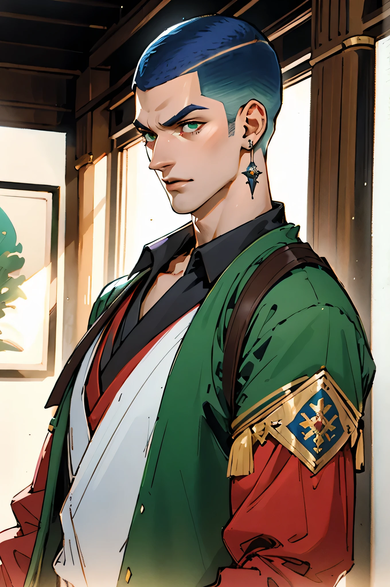 In the backdrop of an ancient fantasy-reality setting, a youth sporting a platinum crew cut displays a piercing gaze and confident demeanor. Adorned in a two-piece fusion outfit, seamlessly blending Western and Eastern influences, he wears a snug dark top paired with a vibrant green-blue short jacket. The overall aesthetic captures the essence of a refined and mature anime-inspired rogue, symmetrical face, extremely detailed eyes and face, high quality eyes, high definition, highres, ultra-fine painting, exquisite and mature, extremely delicate, professional, anatomically correct, creativity, UHD, HDR, 32k, Natural light, cinematic lighting, best shadow, masterpiece-anatomy-perfect, best quality, masterpiece, ultra-detailed,((upper body)),