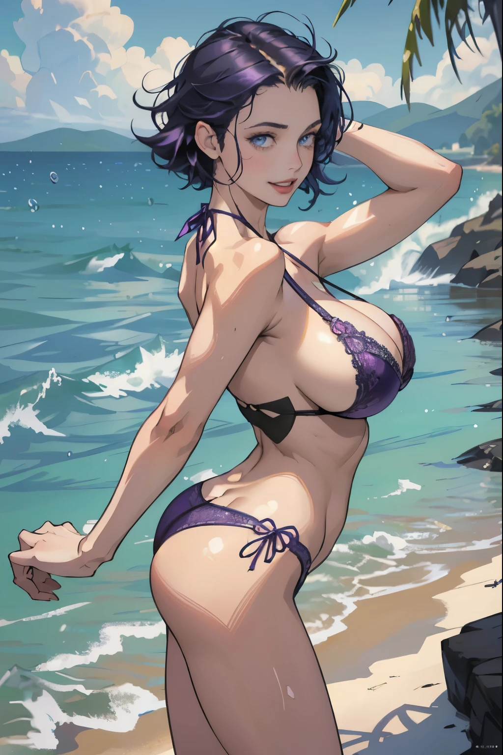 The sea sparkling in the morning sun , (Colorful and sexy purple bikini girl: 1.2), Dark blue eyes, 1 girl, 20-year-old,Grin,Big ample breasts,Slender,,(Realistic), (Intricate details: 1.2), (Tabletop: 1.3), (highest quality: 1.4), (超A high resolution: 1.2), 超A high resolution, (Fine grain), (Detailed face), 8K resolution, Beautiful legs,Beautiful Hands,Look at the viewers,Dynamic Pose,Low angle,looked back