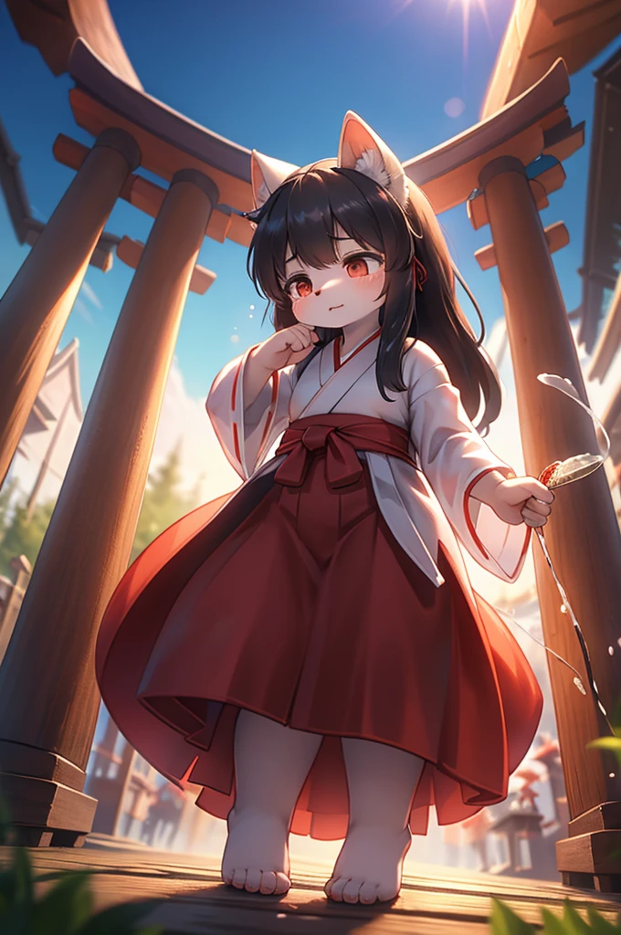 Bokeh , (blur:1.5) , dynamic angle , 1 hairy inari girl  , Short stature , realistic hairy fur , Straight black Long Hair , Round face, swollen cheeks,round eyes , neat hair ties , Japanese Shrine Maiden Clothing , dynamic Exorcism dance action , in the Inari Shrine , A shrine for inviting gods and tools necessary for exorcism , Sprinkle salt , At midnight when even the plants are asleep