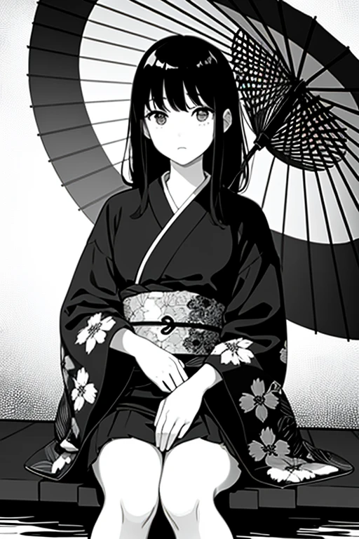 ((highest quality)), ((masterpiece)), (detailed), Perfect Face, Pool, willow, Kimono Japanese Umbrella,  Sadness, Monochrome