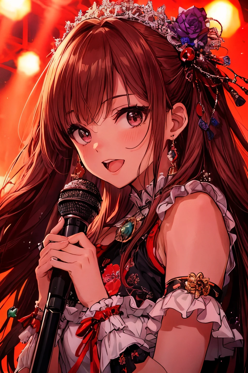 A extremely pretty and beautiful K-pop female idol, singing at live stage in ゴンドラ,
BREAK,
Close-up of face, singing scene, dress scene, looking the viewer,
BREAK,
Represent idol in bright colors, Represent idol dress in colorful colors, Represent idol's singing voice in warm colors