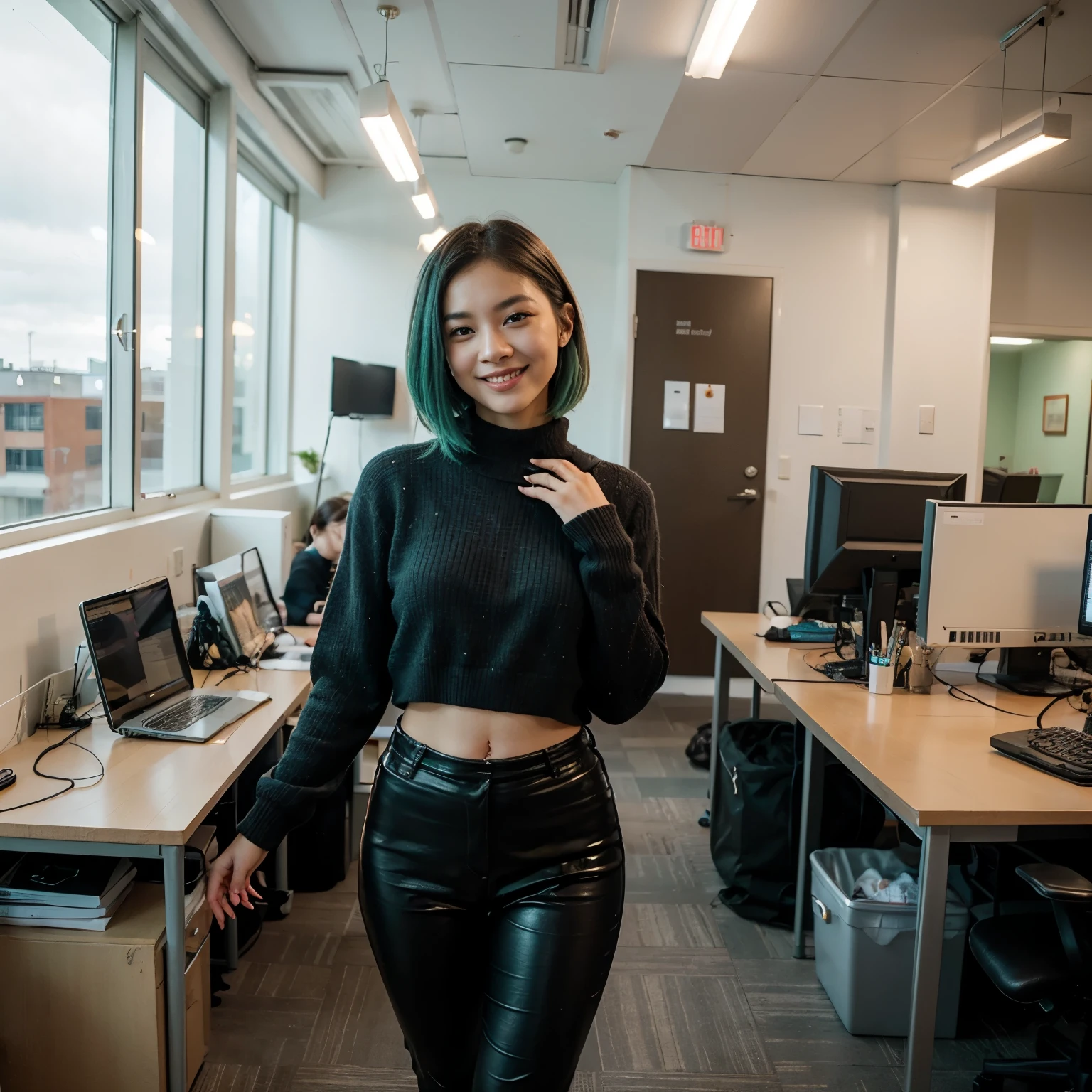 A stunningly cute 26-year-old Asian woman with smooth, glowing skin, short, teal green hair cut in a stylish bob, and sparkling brown eyes. She is in an office, wearing a chic black sweater and black pants that complement her vibrant hair color. Her smile is warm and inviting, exuding youthful energy and charm. The background includes a modern office interior with desks, computers, and a professional atmosphere