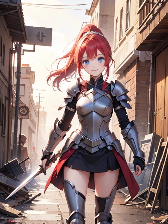 (8k, highest quality, Tabletop:1.2)、Ultra-high resolution、One -yeld gi Perfect Fingers, Detailed face, smile, blue eyes, Red hair, ponytail,Silver armor, Gauntlet, Iron Leg Guards, In the ruined city, The dust rises, dim, carry a sword on one&#39;s waist, Stand with your hands on your hips