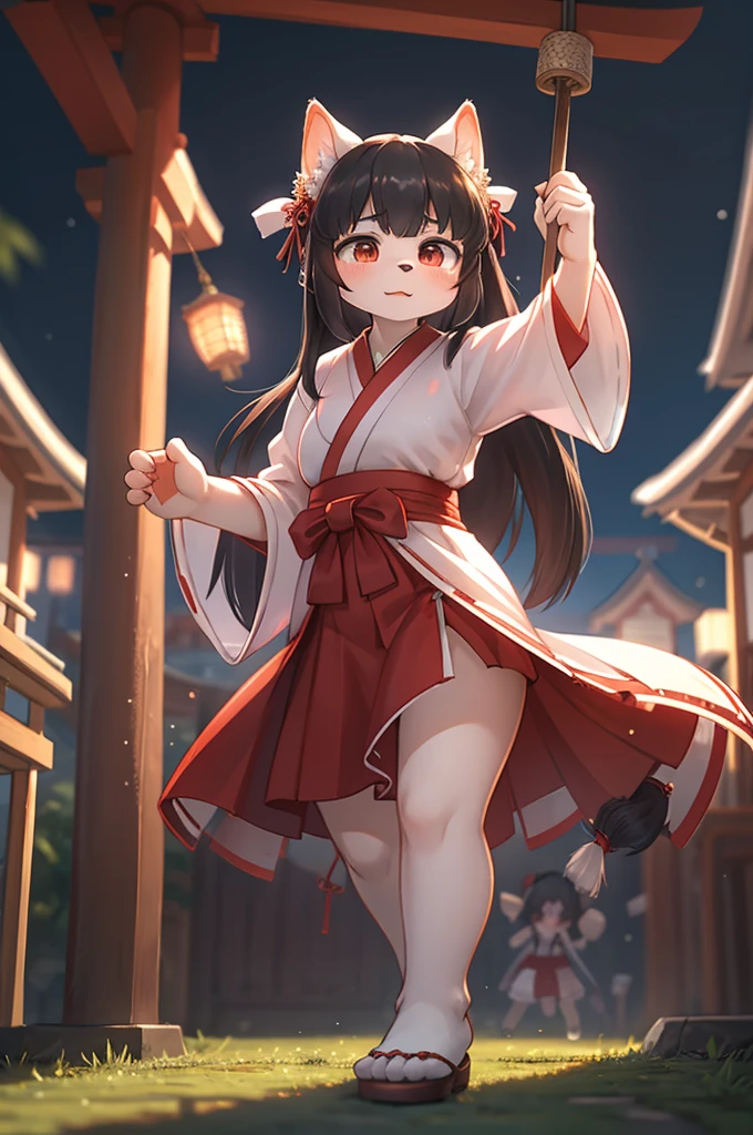 Bokeh , (blur:1.5) , dynamic angle , 1 hairy inari girl  , Short stature , realistic hairy fur , Straight black Long Hair , Round face, swollen cheeks,round eyes , neat hair ties , Japanese Shrine Maiden Clothing , dynamic Exorcism dance action , in the Inari Shrine , A shrine for inviting gods and tools necessary for exorcism , Sprinkle salt , At midnight when even the plants are asleep