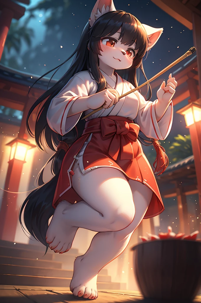 Bokeh , (blur:1.5) , dynamic angle , 1 hairy inari girl  , Short stature , realistic hairy fur , Straight black Long Hair , Round face, swollen cheeks,round eyes , neat hair ties , Japanese Shrine Maiden Clothing , dynamic Exorcism dance action , in the Inari Shrine , A shrine for inviting gods and tools necessary for exorcism , Sprinkle salt , At midnight when even the plants are asleep