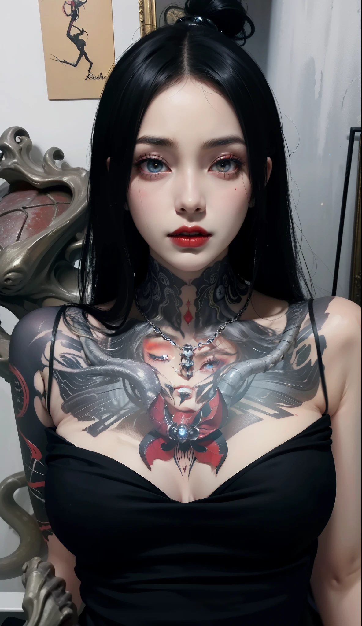 Detailed image quality,Witch Pandora,wing, Succubus Theme,堕落Angel,Excellent,scary,Secret Terror,Tentacles,With eyes,Uncanny Valley Effect,Beast Blood Moon,skeleton,vampire,Hellfire,Dark Queen,Angel,magician magic witch,16岁Angel,Eyes are blue(Pupils as deep as the starry sky),Gorgeous tattoo designs all over the body,Surreal photos(8K picture quality,Rich in details),Dark eyeshadow,Sexy thick lips(Red lipstick),Tattoo designs on body,Dark Queen,Light Armor,Red tears