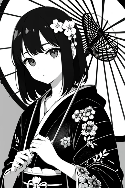 ((highest quality)), ((masterpiece)), (detailed), Perfect Face, Pool, willow, Kimono Japanese Umbrella,  Sadness, Monochrome