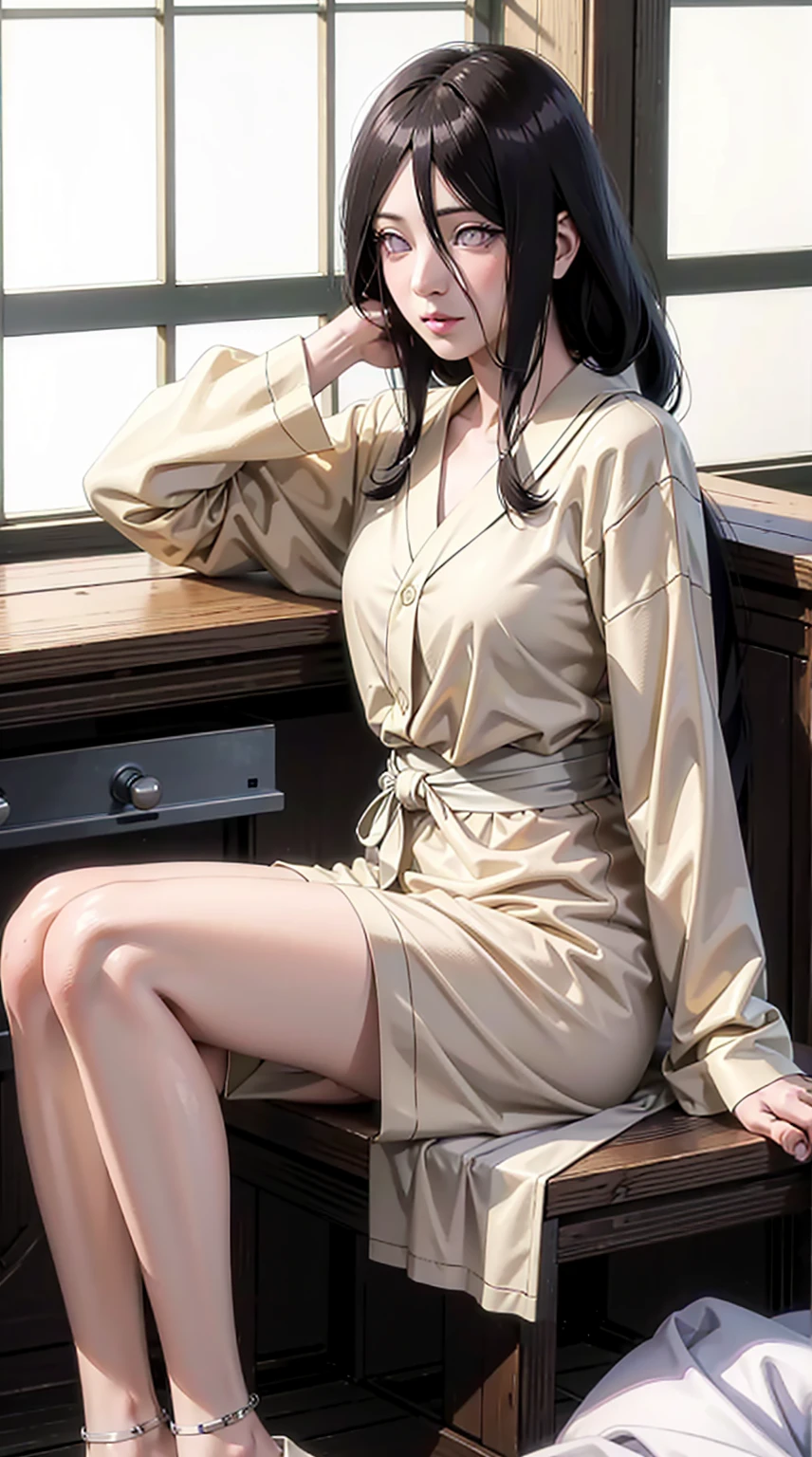 hyuuga hanabi, long hair tied low, hair band, hana purple eyes, beautiful, beautiful woman, perfect body, perfect breasts, wearing white pajamas, sexy pajamas, sleepwear, sitting in the kitchen, clear kitchen, looking at the audience, a slight smile, realism, masterpiece , textured leather, super detail, high detail, high quality, best quality, 1080p, 16k