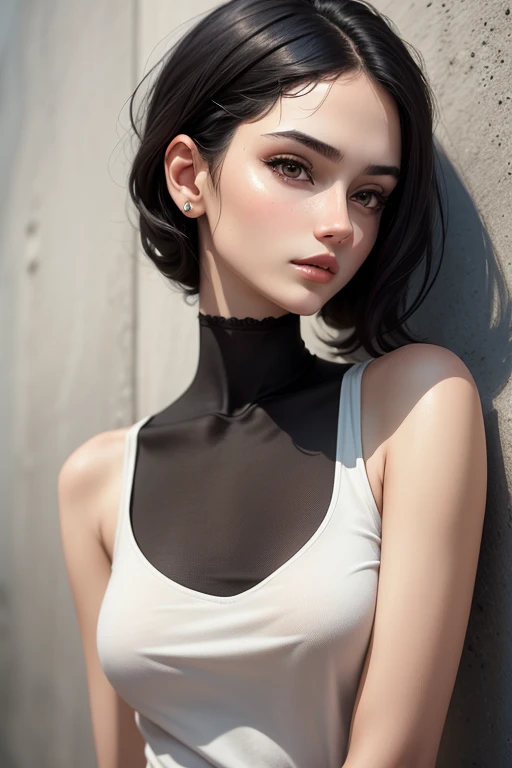 Masterpiece high quality high details realistic face ultra realistic face thin face girl with slender thin figure and short dark black hair till neck with tomboy fashion and face profile