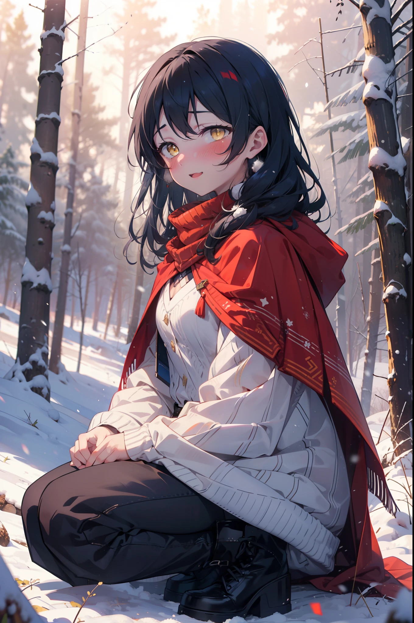 You are very kind, umi sonoda, Long Hair, Blue Hair, (Yellow Eyes:1.5) (Flat Chest:1.2),smile,blush,White Breath,
Open your mouth,snow,Ground bonfire, Outdoor, boots, snowing, From the side, wood, suitcase, Cape, Blurred, Increase your meals, forest, White handbag, nature,  Squat, Mouth closed, フードed Cape, winter, Written boundary depth, Black shoes, red Cape break looking at viewer, Upper Body, whole body, break Outdoor, forest, nature, break (masterpiece:1.2), highest quality, High resolution, unity 8k wallpaper, (shape:0.8), (Beautiful and beautiful eyes:1.6), Highly detailed face, Perfect lighting, Extremely detailed CG, (Perfect hands, Perfect Anatomy),