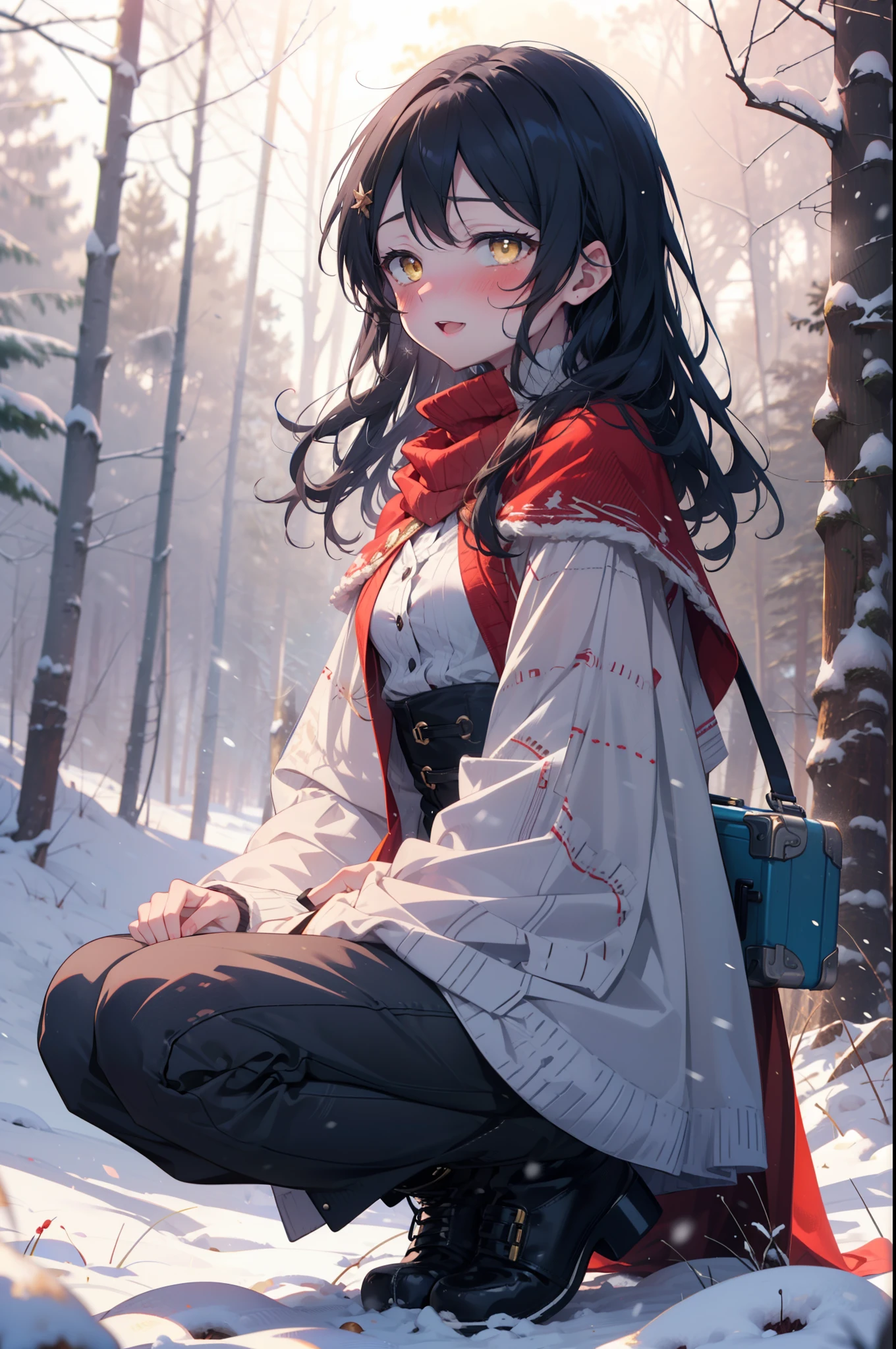 You are very kind, umi sonoda, Long Hair, Blue Hair, (Yellow Eyes:1.5) (Flat Chest:1.2),smile,blush,White Breath,
Open your mouth,snow,Ground bonfire, Outdoor, boots, snowing, From the side, wood, suitcase, Cape, Blurred, Increase your meals, forest, White handbag, nature, Squat, Mouth closed, フードed Cape, winter, Written boundary depth, Black shoes, red Cape break looking at viewer, Upper Body, whole body, break Outdoor, forest, nature, break (masterpiece:1.2), highest quality, High resolution, unity 8k wallpaper, (shape:0.8), (Beautiful and beautiful eyes:1.6), Highly detailed face, Perfect lighting, Extremely detailed CG, (Perfect hands, Perfect Anatomy),