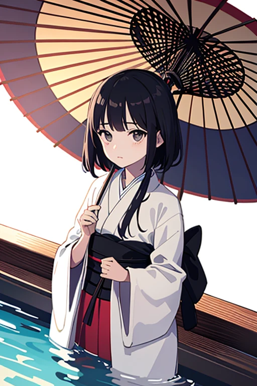 ((highest quality)), ((masterpiece)), (detailed), Perfect Face, Pool, willow, Kimono Japanese Umbrella,  Sadness, Monochrome