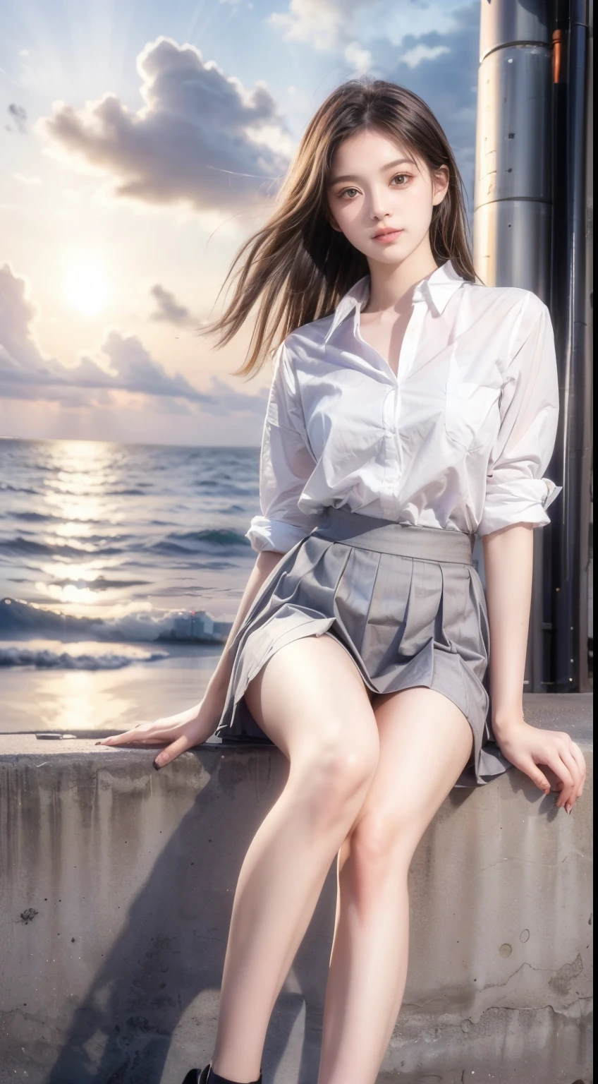 (highest quality, High resolution, masterpiece :1.3), (Shooting from below), Beautiful girl, Orange sunset sky, Sun and clouds with ocean in the background, Cute girl in . Short Bob. Short pleated skirt, Blushing, looking at the camera, Dynamic photography,Intelligent face,Bold Pose.Sitting on the embankment
