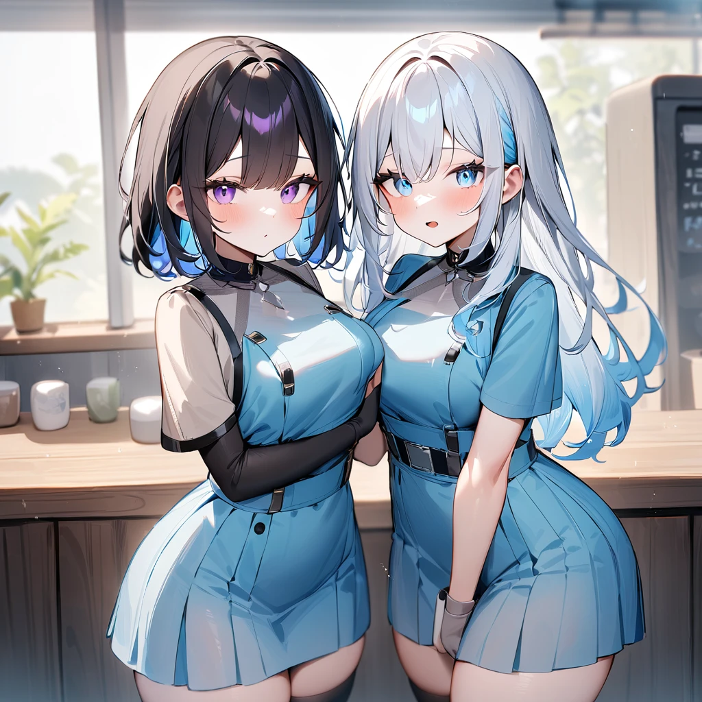 {{2girls}},masterpiece,best quality,very aesthetic,absurdres,cowboy shot,lightcolor,darkcolor,light hair,dark hair,White hair,light blue hair,light blue eyes,Lovely,🏩,translucent hair,dark purple eyes,big body