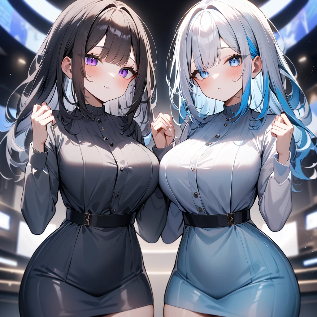 {{2girls}},masterpiece,best quality,very aesthetic,absurdres,cowboy shot,lightcolor,darkcolor,light hair,dark hair,White hair,light blue hair,light blue eyes,Lovely,🏩,translucent hair,dark purple eyes,big body