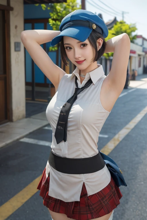 ((best quality)),((highly detailed)),masterpiece,absurdres,detailed face,beautiful face,(detailed eyes, deep eyes),1girl,((dynamic pose)), marie persona 4, wearing marie outfit from persona 4,short hair, solo, bow, large breasts, cowboy shot, chinese town, outdoors, seductive smile, looking at viewer, wearing hat, put your hands behind your head, armpits, armpits visible, sweaty armpits,