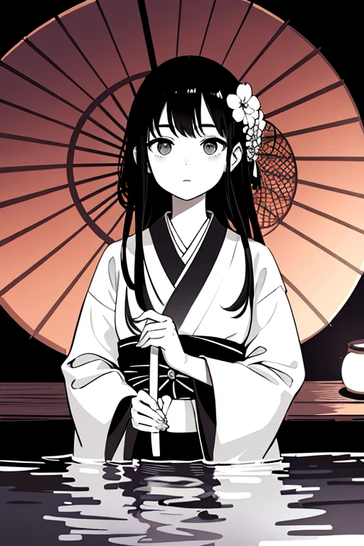 ((highest quality)), ((masterpiece)), (detailed), Perfect Face, Pool, willow, Kimono Japanese Umbrella,  Sadness, Monochrome