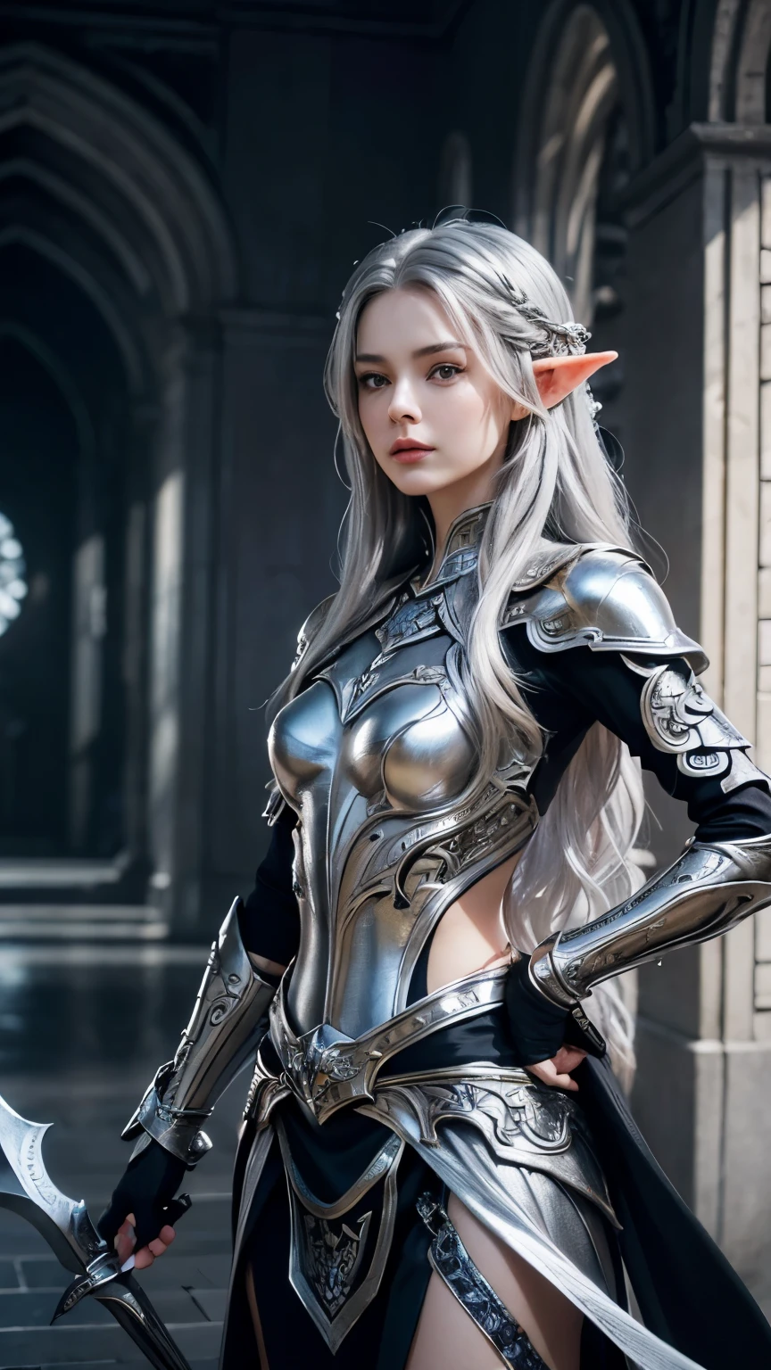 A beautiful painting of the perfect female elven warrior, Shapeless long hair, Perfect functionality, (Wearing ornate silver elven armor), Abstract Beauty, Near perfect, Pure Form, Dynamic pose, Fantastic Background, (Deep dark shadows), (Powerful Cinema Lighting), (Backlight), Greg Rutkowski、(((Silver Hair))), Intricate details, 8K Post-Production, High resolution, Super Detail, Trending on Artstation, Sharp focus, Depth of written interface f/1.8, Studio Photo, (((looking at the camera)))、long hair、