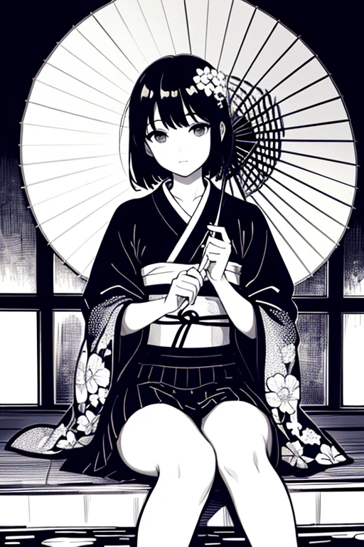 ((highest quality)), ((masterpiece)), (detailed), Perfect Face, Pool, willow, Kimono Japanese Umbrella,  Sadness, Monochrome