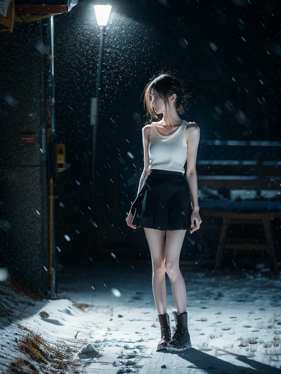 girl，clavicle，Short skirt，emaciated，Thin legs，Snowing day，whole body