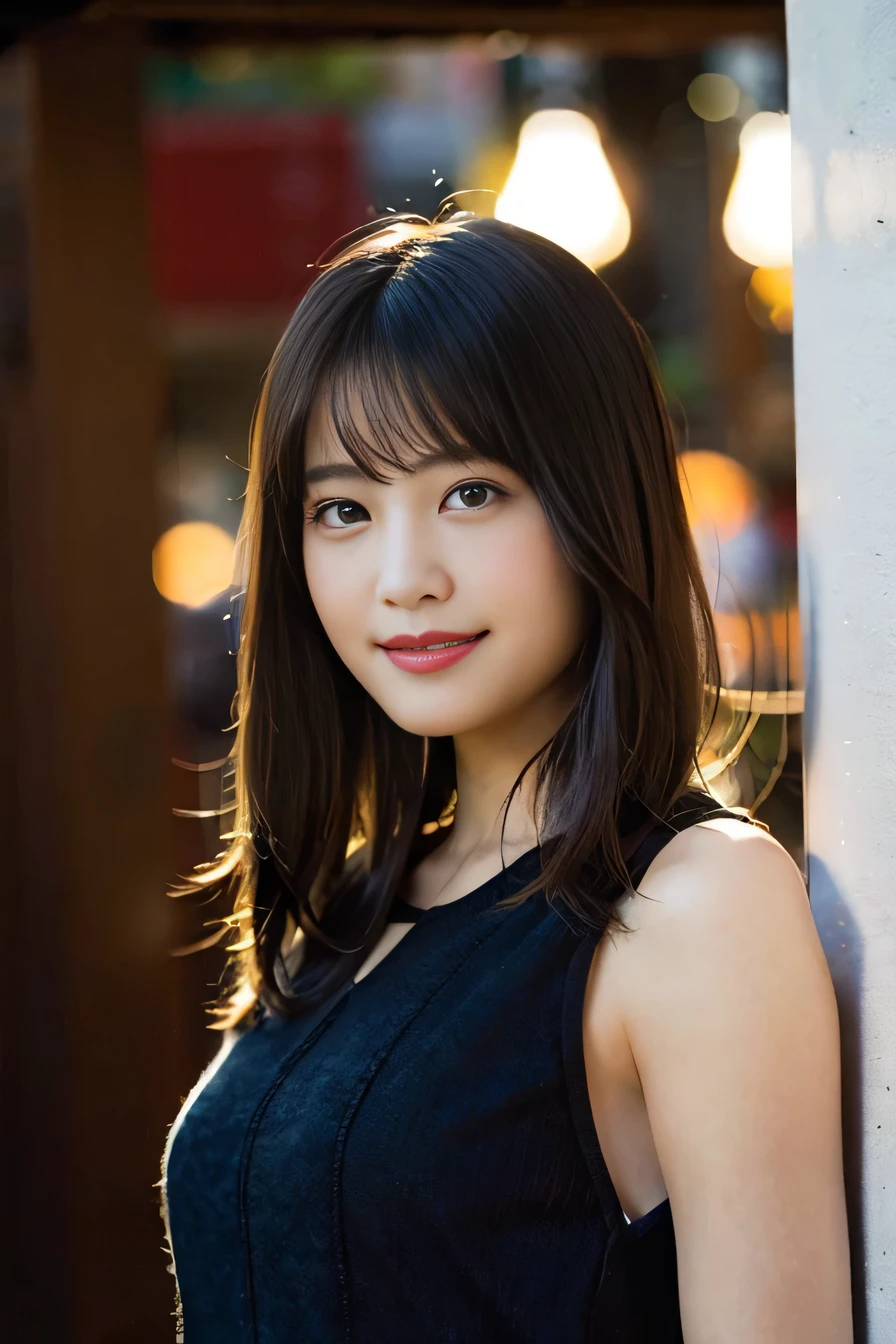 8k、Raw photo、highest quality、masterpiece:1.2)、(Realistic、Photorealistic:1.37)、Ultra-detailed、超A high resolution、1 girl、Seeing the viewer、Beautifully detailed face、Laughter、narrow、(Slim waist) :1.3)、Beautifully detailed skin、Skin Texture、Floating Hair、Professional Lighting、Human whole body、Long Hair、Black Hair、Childish smile、Sappin&#39;、Moisturizing lips、Pale pink lips、smile、Beautiful teeth alignment
