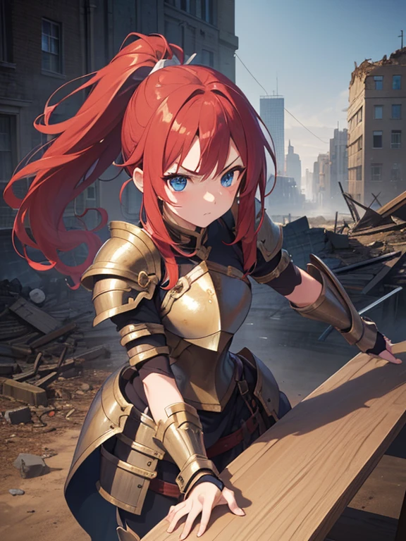 (8k, highest quality, Tabletop:1.2)、Ultra-high resolution, Baroque, Expressionism, One 16-year-old girl, Perfect Fingers, Detailed face, Serious face, blue eyes, Red hair, ponytail,Silver armor, Gauntlet, Iron Leg Guards, In the ruined city, The dust rises, dim, carry a sword on one&#39;s waist, Stand with your hands on your hips