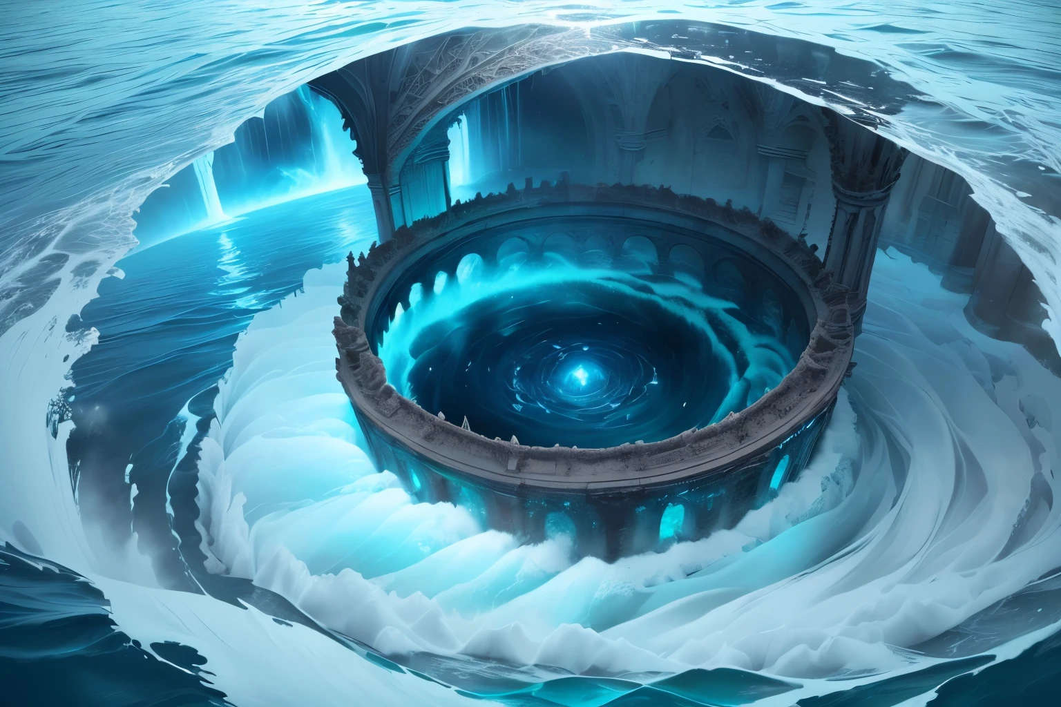 Huge whirlpools,Next to it is an underwater ruin with a Gothic roof exposed.,Gives a mysterious feeling,In the center of the vortex there is a tiny glimmer of light from the abyss,From a bird's-eye view, the entire ocean is seen to be undulating due to the whirlpool