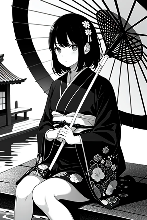 ((highest quality)), ((masterpiece)), (detailed), Perfect Face, Pool, willow, Kimono Japanese Umbrella, Sadness, Monochrome