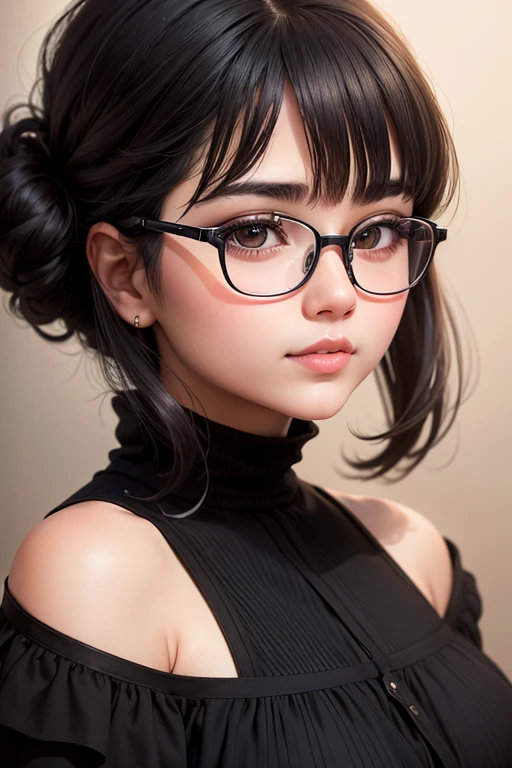 Masterpiece high quality high details realistic face ultra realistic face chubby face girl with medium dark black hair till shoulders wearingblack modest outfit and glasses and face profile