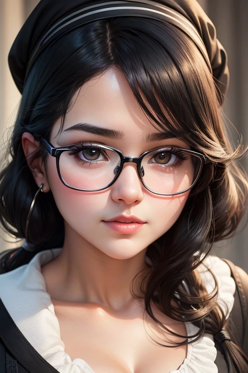 Masterpiece high quality high details realistic face ultra realistic face chubby face girl with medium dark black hair till shoulders wearingblack modest outfit and glasses and face profile
