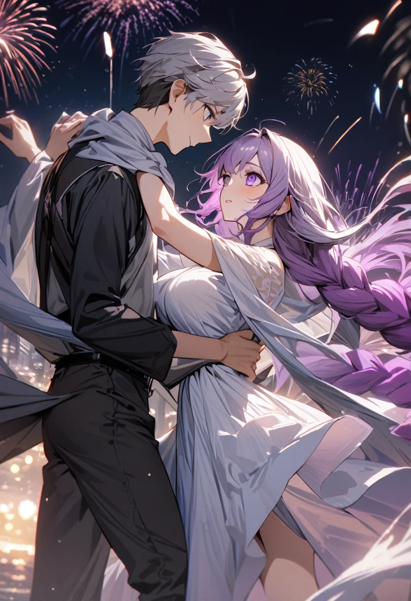 (A couple, beautiful girl and boy), Big watery eyes, Look at each other, purple hair,purple eyes,very long hair,grey hair,double braid,large breasts,gradient hair,Wearing white clothes, Fine hair, Wear fashionable clothing, Flowing tulle, Light Silk,Fireworks explode overhead, Clean colors, Decisive felling, Blank, Mode, masterpiece, Super detailed, epic work, high quality, Highest quality, 4k
