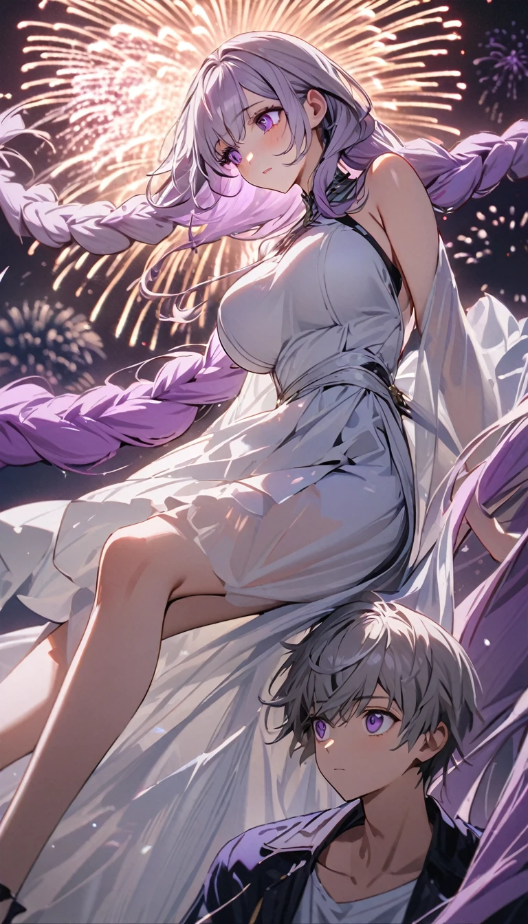 (A couple, beautiful girl and boy), Big watery eyes, Look at each other, purple hair,purple eyes,very long hair,grey hair,double braid,large breasts,gradient hair,Wearing white clothes, Fine hair, Wear fashionable clothing, Flowing tulle, Light Silk,Fireworks explode overhead, Clean colors, Decisive felling, Blank, Mode, masterpiece, Super detailed, epic work, high quality, Highest quality, 4k