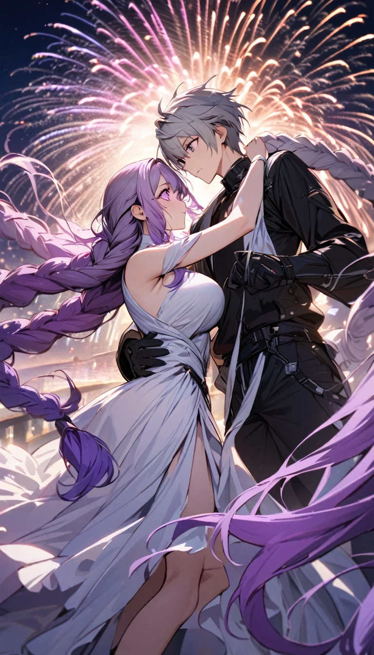 (A couple, beautiful girl and boy), Big watery eyes, Look at each other, purple hair,purple eyes,very long hair,grey hair,double braid,large breasts,gradient hair，Wearing white clothes, Fine hair, Wear fashionable clothing, Flowing tulle, Light Silk,Fireworks explode overhead, Clean colors, Decisive felling, Blank, Mode, masterpiece, Super detailed, epic work, high quality, Highest quality, 4k