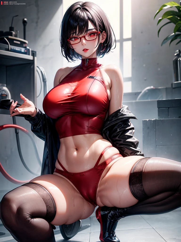 Beautiful girl,Korea, sitting on magma, futuristic,
18 years old,Short hair, shoulder length,black hair, big breasts,wet, sweat, camel toe, red lips ,Wear glasses,
White underwear, sexy pose,
red eyes, Behind the scenes of the high-tech world, Squat and spread your legs.,