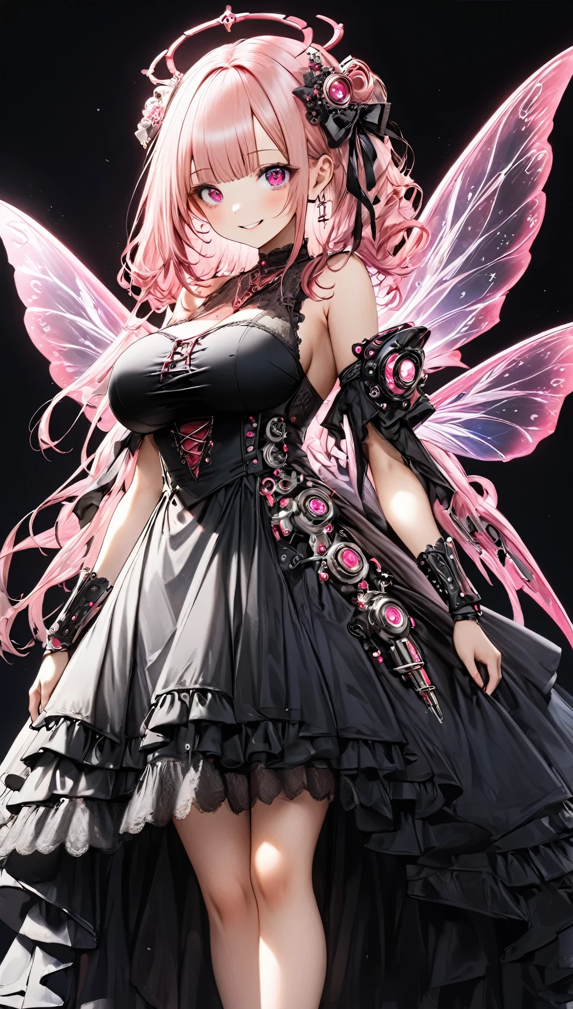masterpiece, best quality, extremely detailed, high resolution, Japanese anime,1girl, pink hair, (medium length hair:1.4),(blunt bangs:1.5), wavy hair, drill hair, (ribbon:1.5), (mechanical fairy wing:1.5), (pink eyes:1.5), (beautiful detailed eyes:1.4), laugh, 130cm tall, original character, fantasy, (black background:1.2), (full body:1.8), beautiful fingers, (standing:1.5), (huge breasts:1.2), (lace frill Gothic jewelry armor dress:1.5), (mechanical headgear:1.5) , shoot from front, looking at viewer